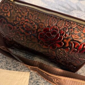 Floral Embossed Leather Bag - Red and Brown